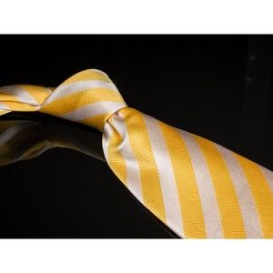 NWOT Countess Mara 100% Silk Tie Yellow White Awning Stripes Designer Necktie